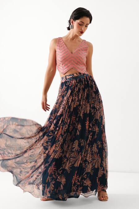 Buy_Pallavi Jaipur_Pink Chanderi, Chiffon Embroidery, Jaipur Cal Printed Skirt And Waistcoat Set _Online_at_Aza_Fashions