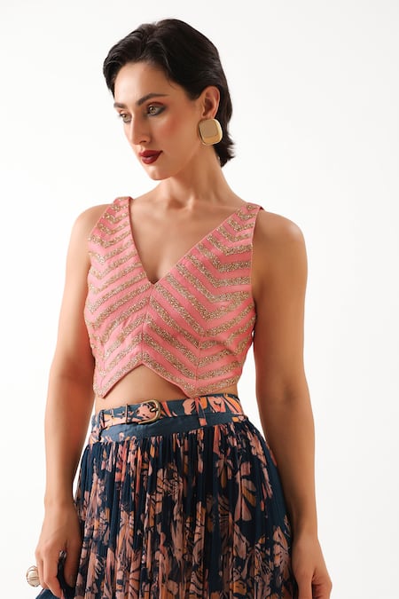 Shop_Pallavi Jaipur_Pink Chanderi, Chiffon Embroidery, Jaipur Cal Printed Skirt And Waistcoat Set _Online_at_Aza_Fashions