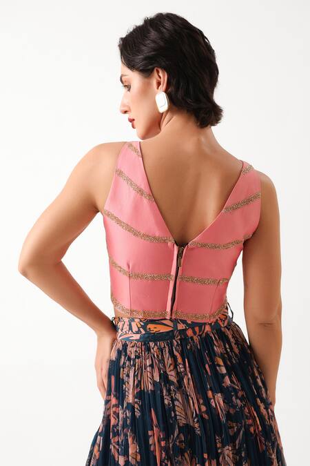 Buy_Pallavi Jaipur_Pink Chanderi, Chiffon Embroidery, Jaipur Cal Printed Skirt And Waistcoat Set 