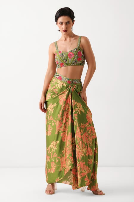 Shop_Pallavi Jaipur_Green Chanderi Sequins, Beads, Embroidery Open Avacado Teriza Draped Skirt Set _Online_at_Aza_Fashions