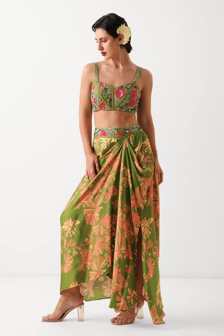 Pallavi Jaipur_Green Chanderi Sequins, Beads, Embroidery Open Avacado Teriza Draped Skirt Set _at_Aza_Fashions