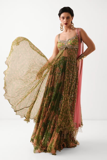 Pallavi Jaipur_Green Silk, Chiffon Sequins, Embroidery Calcutta Mehendi Tunic Skirt Set _at_Aza_Fashions