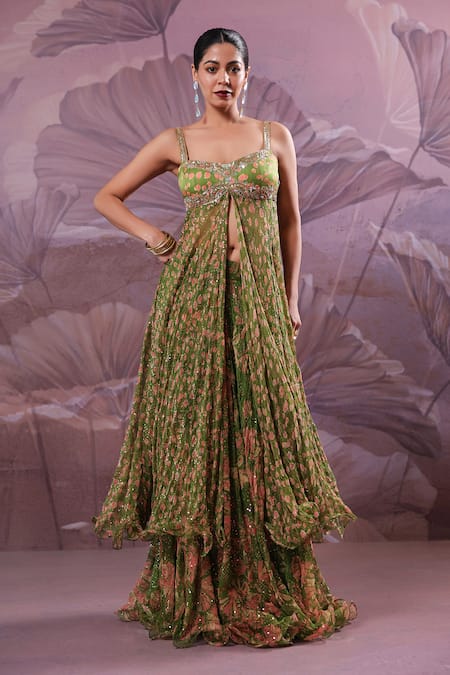 Pallavi Jaipur Green Chiffon, Silk Sequins, Embroidery, Zari Calcutta Mehendi Tunic And Skirt Set 