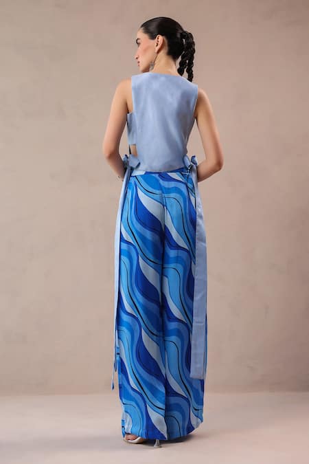 Shop_Pallavi Jaipur_Sky Blue Chanderi, Silk Mirrors, Embroidery Sheesha Waistcoat And Printed Pant Set _at_Aza_Fashions
