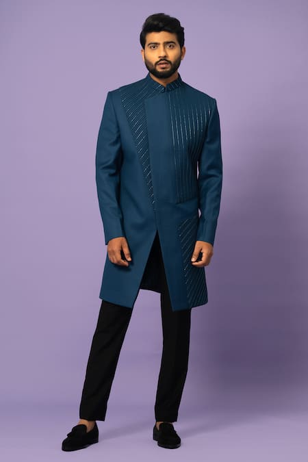 Yoseba Teal Blue Cutdana Embroidered Achkan Set For Kids