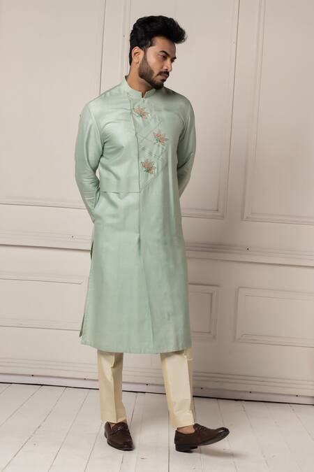 Shop_Minikin_Aqua Silk, Viscose, Dupion Embroidery Flower Kurta Set _Online_at_Aza_Fashions