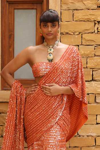 Arpita Mehta Orange Georgette Sequins, Embroidery Bandeau Neck Hand Saree With Online at Aza Fashions Arpita Mehta_Orange Georgette Sequins, Embroidery Bandeau Neck Hand Saree With _Online_at_Aza_Fashions