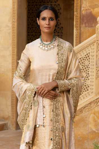 Buy_Arpita Mehta_Gold Tissue, Dupion Embroidery, Mirrors, Sequins, Zari Round Hand Kurta Set _Online_at_Aza_Fashions
