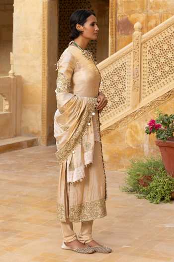Shop_Arpita Mehta_Gold Tissue, Dupion Embroidery, Mirrors, Sequins, Zari Round Hand Kurta Set _Online_at_Aza_Fashions