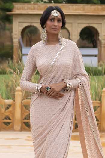 Arpita Mehta_Pink Georgette Embroidery, Mirrors Round Neck Hand Saree With Blouse _Online_at_Aza_Fashions