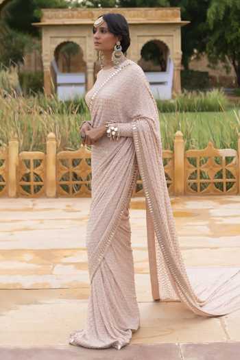 Buy_Arpita Mehta_Pink Georgette Embroidery, Mirrors Round Neck Hand Saree With Blouse _Online_at_Aza_Fashions