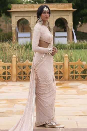 Shop_Arpita Mehta_Pink Georgette Embroidery, Mirrors Round Neck Hand Saree With Blouse _Online_at_Aza_Fashions