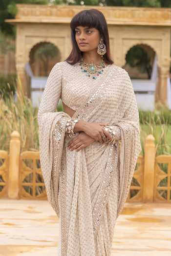 Arpita Mehta Ivory Georgette Embroidery, Sequins Round Neck Coconut Hand Saree With Blouse Online at Aza Fashions Arpita Mehta_Ivory Georgette Embroidery, Sequins Round Neck Coconut Hand Saree With Blouse _Online_at_Aza_Fashions