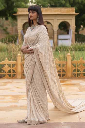 Buy Arpita Mehta Ivory Georgette Embroidery, Sequins Round Neck Coconut Hand Saree With Blouse Online at Aza Fashions Buy_Arpita Mehta_Ivory Georgette Embroidery, Sequins Round Neck Coconut Hand Saree With Blouse _Online_at_Aza_Fashions