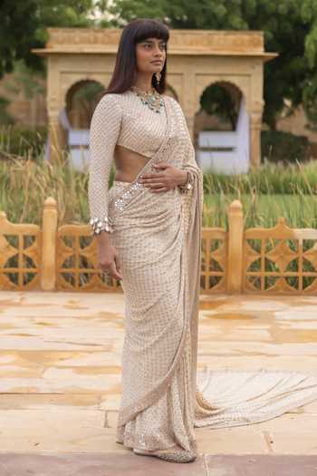 Shop Arpita Mehta Ivory Georgette Embroidery, Sequins Round Neck Coconut Hand Saree With Blouse Online at Aza Fashions Shop_Arpita Mehta_Ivory Georgette Embroidery, Sequins Round Neck Coconut Hand Saree With Blouse _Online_at_Aza_Fashions