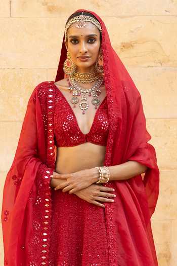 Arpita Mehta_Red Organza, Silk Mirrors, Embroidery V-neck Hand Bridal Lehenga Set _Online_at_Aza_Fashions