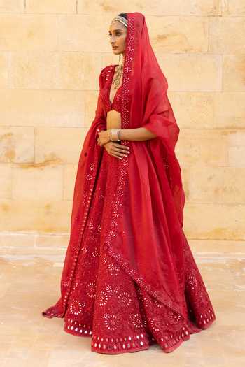 Buy_Arpita Mehta_Red Organza, Silk Mirrors, Embroidery V-neck Hand Bridal Lehenga Set _Online_at_Aza_Fashions
