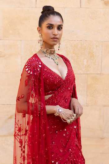 Arpita Mehta_Red Net Embroidery, Sequins Sweetheart , Open Hand Saree Set With Cape _Online_at_Aza_Fashions
