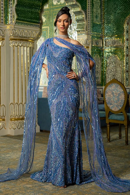 Shop_Amit GT_Blue Tulle Embroidery, Sequins One Shoulder Delphine Gown _Online_at_Aza_Fashions