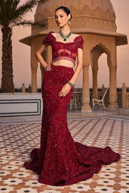Amit GT_Red Tulle Embroidery, Sequins Sweetheart Neck Inaaya Lehenga With Blouse _Online_at_Aza_Fashions