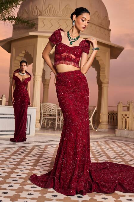 Buy_Amit GT_Red Tulle Embroidery, Sequins Sweetheart Neck Inaaya Lehenga With Blouse _Online_at_Aza_Fashions