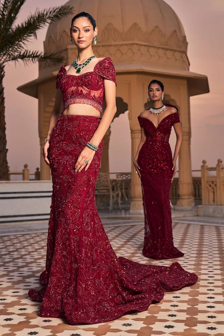 Shop_Amit GT_Red Tulle Embroidery, Sequins Sweetheart Neck Inaaya Lehenga With Blouse _Online_at_Aza_Fashions