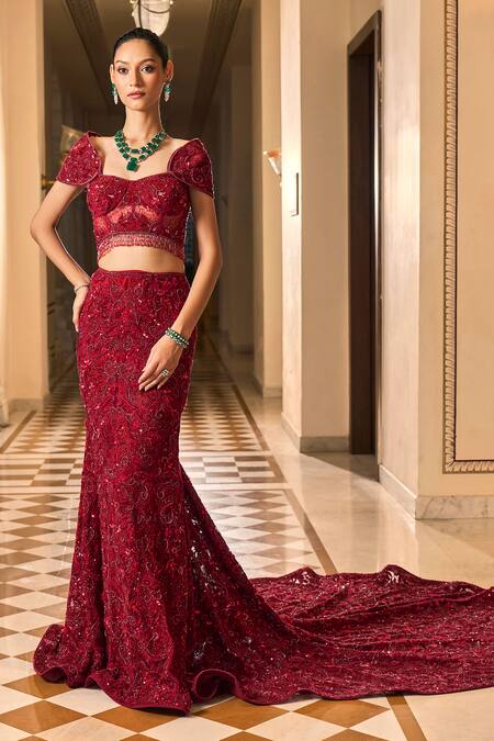 Amit GT_Red Tulle Embroidery, Sequins Sweetheart Neck Inaaya Lehenga With Blouse _at_Aza_Fashions
