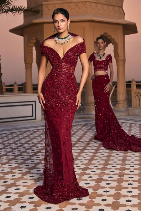 Amit GT Burgundy Tulle Embroidery, Sequins Off-shoulder, Sweetheart Ingrid Rouge Gown 