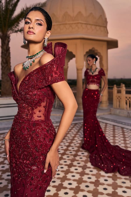 Amit GT Ingrid Rouge Embroidered Gown 