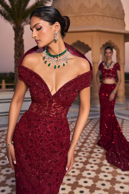 Buy_Amit GT_Burgundy Tulle Embroidery, Sequins Off-shoulder, Sweetheart Ingrid Rouge Gown _Online_at_Aza_Fashions