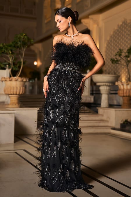 Amit GT Black Tulle Feathers, Sequins Bandeau Neck Miss Shalini Passi Gown 
