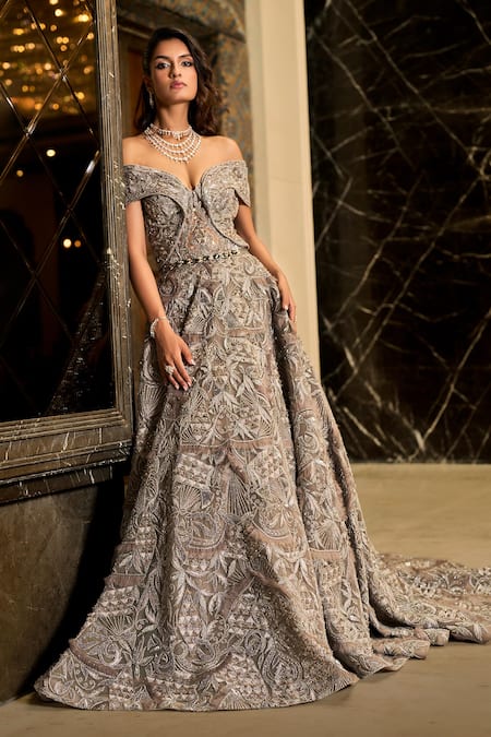 Amit GT Gray Tulle Embroidery, Sequins Off-shoulder Samaira Gown 