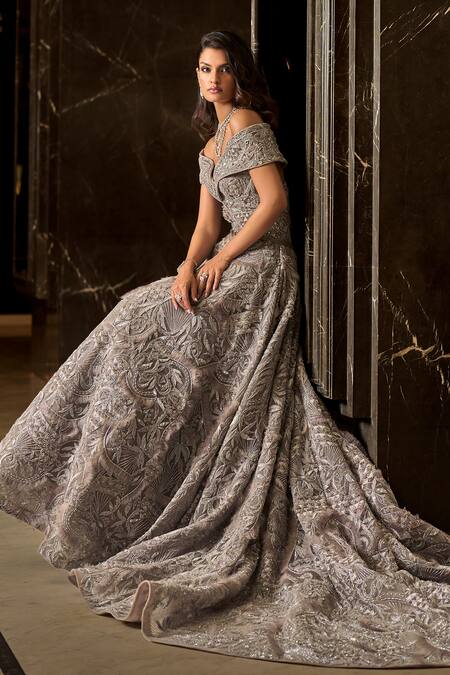Buy_Amit GT_Gray Tulle Embroidery, Sequins Off-shoulder Samaira Gown _Online_at_Aza_Fashions