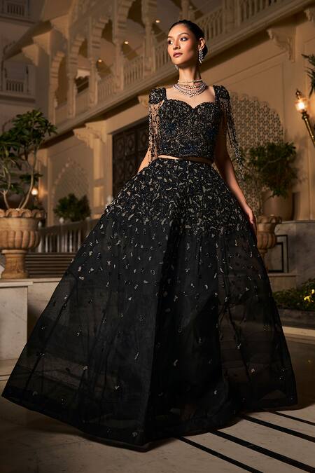 Amit GT_Black Tulle Embroidery, Sequins, Beads Sweetheart Elisa Ensemble Lehenga Set _Online_at_Aza_Fashions