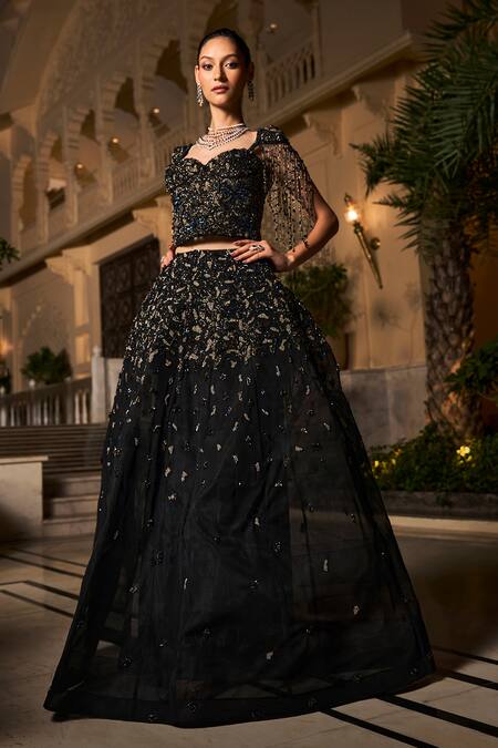 Buy_Amit GT_Black Tulle Embroidery, Sequins, Beads Sweetheart Elisa Ensemble Lehenga Set _Online_at_Aza_Fashions