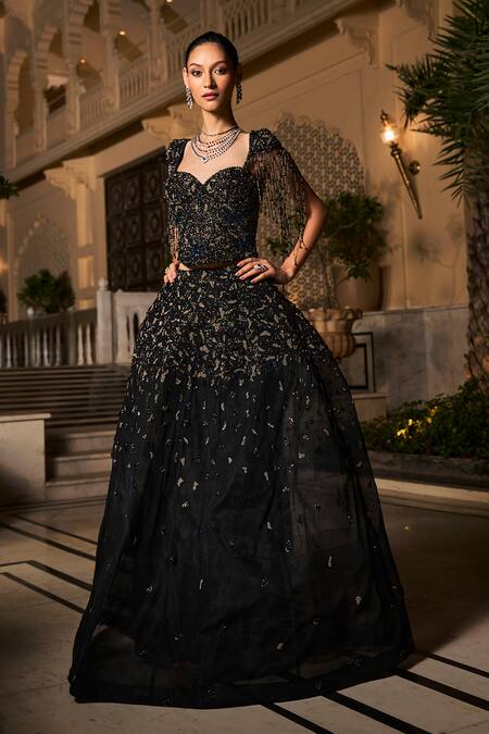 Shop_Amit GT_Black Tulle Embroidery, Sequins, Beads Sweetheart Elisa Ensemble Lehenga Set _Online_at_Aza_Fashions