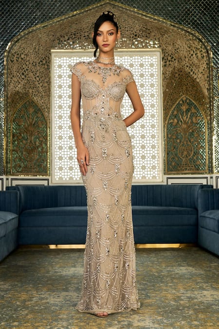 Amit GT Beige Tulle Embroidery, Beads, Stones, Crystals Round Neck Clara Gown 