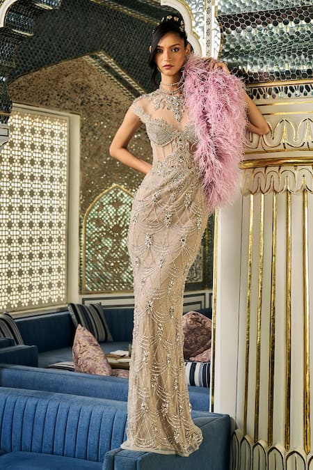 Buy_Amit GT_Beige Tulle Embroidery, Beads, Stones, Crystals Round Neck Clara Gown _Online_at_Aza_Fashions