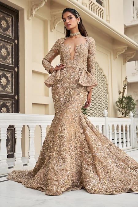 Amit GT Gold Tulle Embroidery, Sequins, Stones, Zari Plunge Neck Aureva Gown 