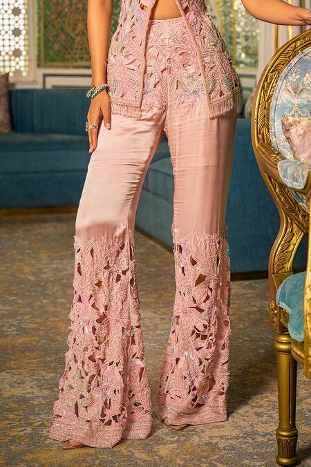 Amit GT_Pink Tulle Embroidery, Sequins V-neck Ira Tunic With Pant _Online_at_Aza_Fashions