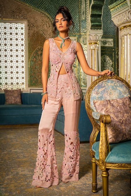 Amit GT Pink Tulle Embroidery, Sequins V-neck Ira Tunic With Pant 