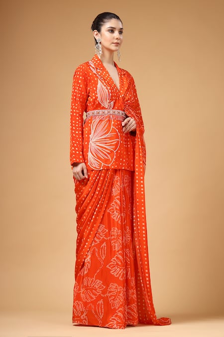 Buy_Gazab by Miku Kumar_Orange Silk, Crepe Embroidery, Beads Veyra Print Pre-draped Saree And Jacket Set _Online_at_Aza_Fashions