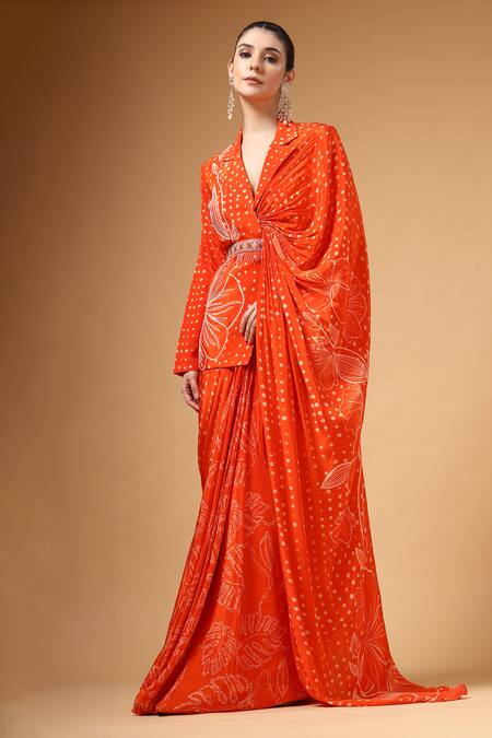Shop_Gazab by Miku Kumar_Orange Silk, Crepe Embroidery, Beads Veyra Print Pre-draped Saree And Jacket Set _Online_at_Aza_Fashions