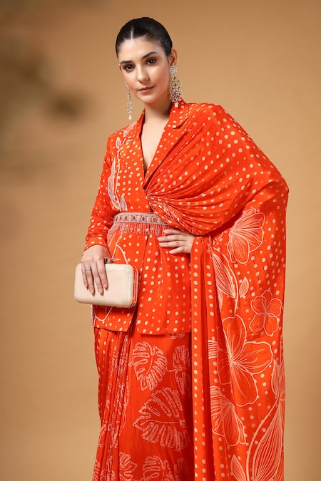 Gazab by Miku Kumar_Orange Silk, Crepe Embroidery, Beads Veyra Print Pre-draped Saree And Jacket Set _at_Aza_Fashions