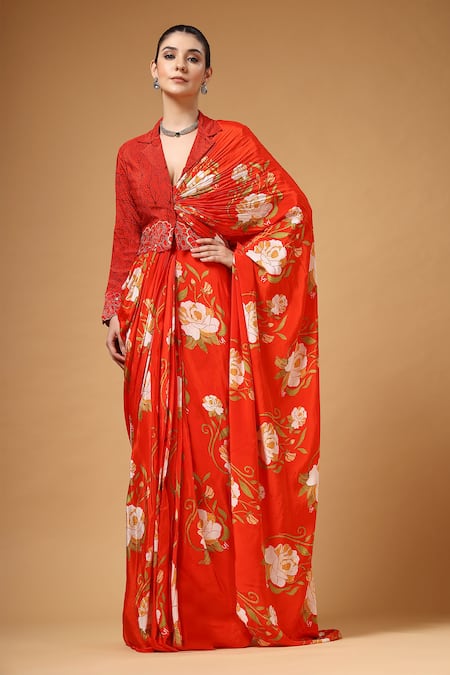 Gazab by Miku Kumar Red Silk, Crepe Embroidery Orvya Jacket With Pre-draped Floral Pattern Saree 