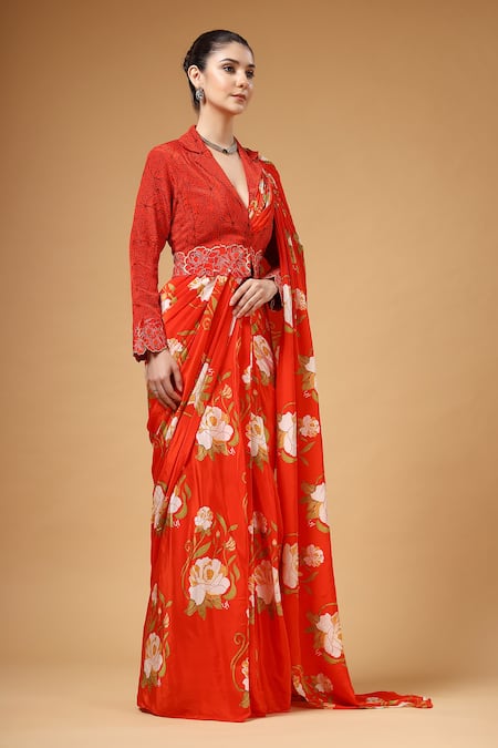 Buy_Gazab by Miku Kumar_Red Silk, Crepe Embroidery Orvya Jacket With Pre-draped Floral Pattern Saree _Online_at_Aza_Fashions