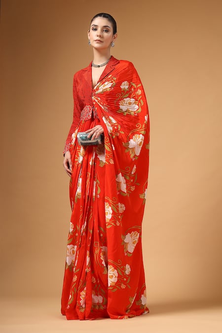 Gazab by Miku Kumar Orvya Jacket With Pre-Draped Floral Pattern Saree 