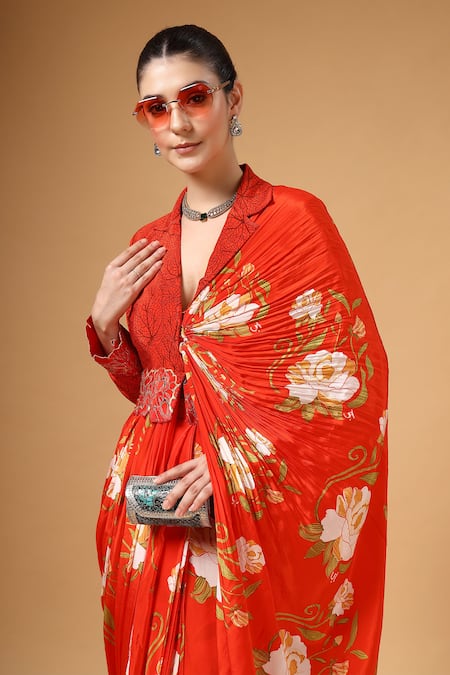 Shop_Gazab by Miku Kumar_Red Silk, Crepe Embroidery Orvya Jacket With Pre-draped Floral Pattern Saree _Online_at_Aza_Fashions