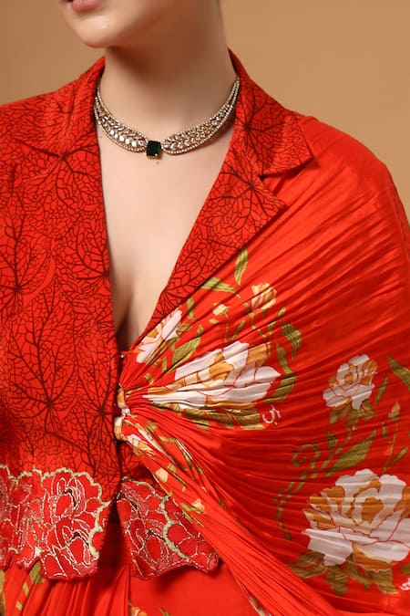 Gazab by Miku Kumar_Red Silk, Crepe Embroidery Orvya Jacket With Pre-draped Floral Pattern Saree _at_Aza_Fashions