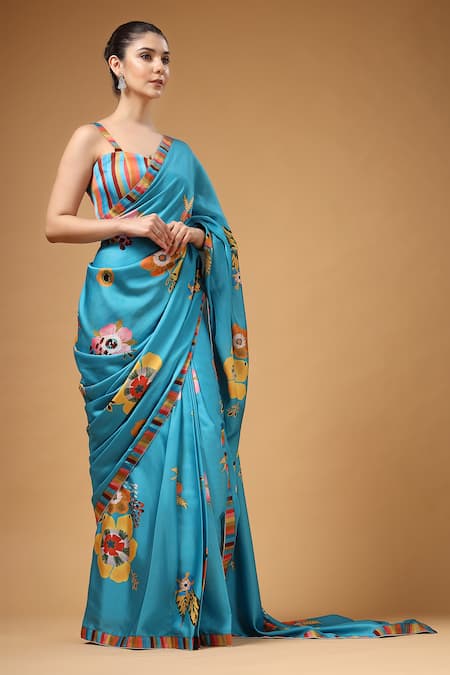 Buy_Gazab by Miku Kumar_Blue Modal, Satin V-neck Tivra Print Pre-draped Saree And Blouse Set _Online_at_Aza_Fashions